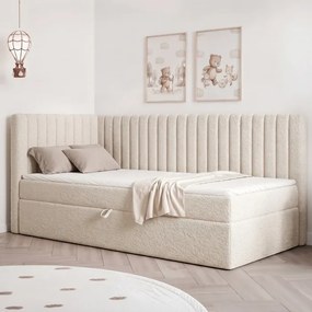 Łóżko Tapicerowane 90x200 cm NIVO Młodzieżowe Lewostronne Kremowe Boucle Skandynawskie