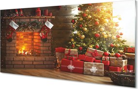 Szklany Panel Świąteczny Kominek z Prezentami
