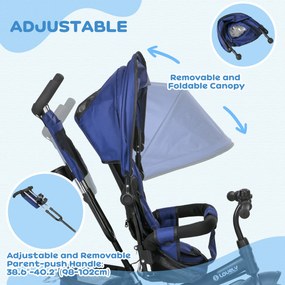 HOMCOM Trójkołowiec dla dzieci, Rower dziecięcy, Koszyk na plecy, Uchwyt na kubek, Daszek przeciwsłoneczny, Metal, Granatowy