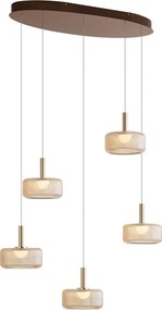 Designerska lampa wisząca Fiera, różowe złoto z bursztynowym szkłem, z LED, 3-stopniowe ściemnianie, 5-punktowa, Easylift