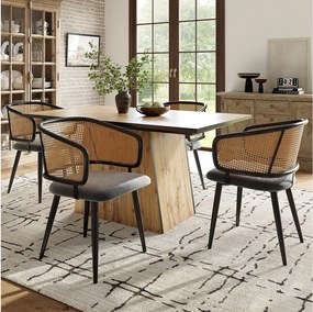 Zestaw 4 krzeseł do jadalni z rattanu z oparciem - 51 x 47 x 79 cm - żelazo, skóra ekologiczna, aksamit - styl nowoczesny - szary