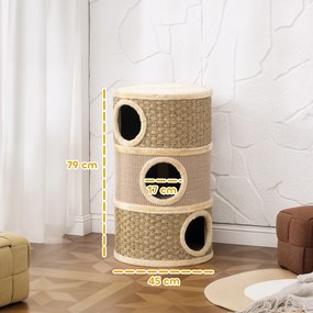 PawHut Tuba do drapania, 79 cm wys., Ø45 cm, trzy poziomy, sizalowy sznur, norka dla kota, dla dużych kotów, Khaki+Brąz