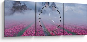 Obraz - Krajobraz z polami tulipanów (z zegarem) (90x30 cm)