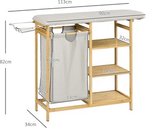 HOMCOM Segregator na pranie, multifunkcyjny, z deską do prasowania i workiem 57L, stelaż z bambusa, 113x34x82cm, naturalny/szary