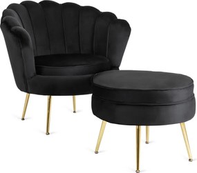 Fotel Wypoczynkowy GRAND z Podnóżkiem Muszelka Czarny Welurowy Glamour