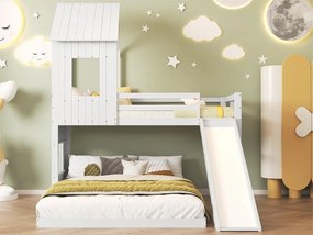 Łóżko piętrowe dla dzieci z zjeżdżalnią i drabinką - 90x200 cm + 140x200 cm - z drewna sosnowego i MDF - Białe