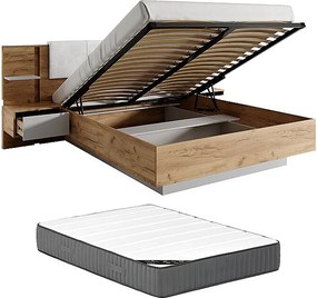 Łóżko ze skrzynią i szafkami nocnymi 160 x 200 cm - Z oświetleniem LED - Kolor: Naturalny i biały + Materac - ELYNIA
