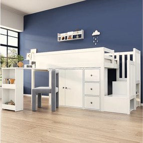 Łóżko piętrowe 90 x 200 cm z przesuwanym biurkiem, szafą i 3 szufladami - MDF - Białe (bez materaca)