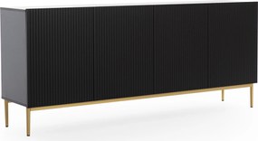 Komoda Nicole 200 cm czterodrzwiowa z ryflowanym frontem - czarny mat / złote nóżki