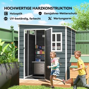 Outsunny Domek ogrodowy 2,89 m² z wyglądem drewna, 3 okna, wentylacja, podłoga, zamek, rękawice, 182 x 182 x 196 cm | Aosom PL