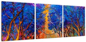 Obraz - Jesienne korony drzew, nowoczesny impresjonizm (z zegarem) (90x30 cm)
