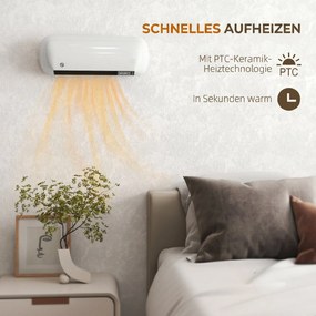 HOMCOM Ścienny grzejnik nadmuchowy 2000W ceramiczny grzejnik ścienny z wentylatorem, 2 poziomy mocy, wyświetlacz LED, termostat, biały | Aosom PL