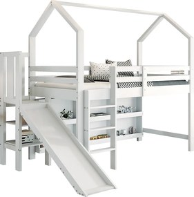 Łóżko mezzanine 90x200cm - z zjeżdżalnią + schodami + szafką + półką - z drewna sosnowego i MDF - Białe