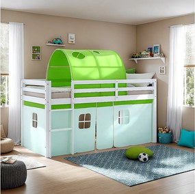 Łóżko piętrowe 90x200 cm zielone lite drewno sosnowe zasłona tunel