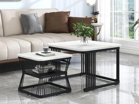 Zestaw 2 stolików kawowych z półką - stolik pomocniczy z okleiną marmurową - nogi metalowe - biały i czarny