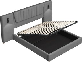 Łóżko z pojemnikiem na pościel 180 x 200 cm - z zagłówkiem, portem USB, stelaż - aksamit - szare - materac nie jest wliczony w cenę