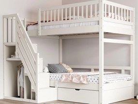 Łóżko piętrowe 90x200cm - z drabinką bezpieczeństwa - z 1 szufladą - z stelażem na listwach - białe (materac nie wliczony)