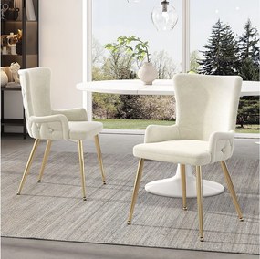 Zestaw 2 krzeseł do jadalni, beżowy aksamit, krzesło z tapicerowanym oparciem i złotymi nogami, do salonu i sypialni