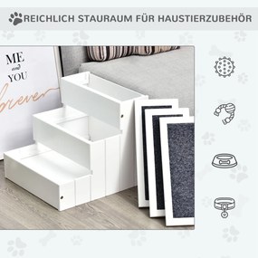 PawHut Schody dla psa i kota drewniane sosnowe z wykładziną rampy schowek stopnie 40,5 x 44,5 x 38 cm dla małych zwierząt białe | Aosom PL