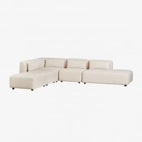 Sofa Modułowy Narożny 4-częściowy Z Prawym Szezlongiem I Pufem Fogler Len Aksamit Beż Lniany - Sklum