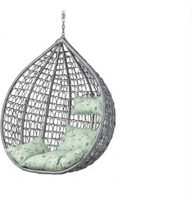 Szare wiszące krzesło KOKON bez stojaka, jasny zielony poduszka ze wzorem