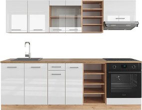 Zabudowa kuchenna biały wysoki połysk/złoty dąb power 240x60x81.6 r-line