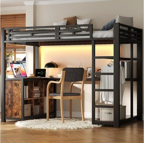 Łóżko piętrowe metalowe - 140 x 200 cm - z biurkiem + oświetlenie LED + port USB + półka - płyta MDF + metal - kolor czarny