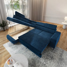 Masseno Narożnik ALVORO z funkcją spania i pojemnikiem na pościel Narozniki L, Rozkładana sofa - Niebieski, MONOLITH 77