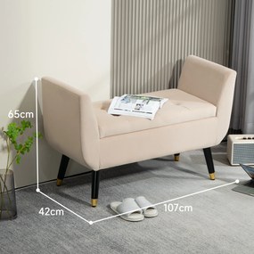 HOMCOM Tapicerowana ławka welurowa z podłokietnikami i miejscem do przechowywania beżowa 107x42x65 cm | Aosom PL
