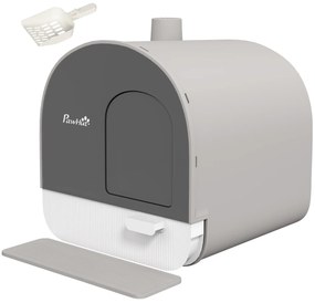 PawHut Kuweta z pokrywą, łopatką, matą na żwirek, plastik, szara/czarna | Aosom PL