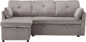 Szara, pluszowa, rozkładana sofa narożna z pojemnikiem na pościel i wysuwanym szezlongiem – do salonu lub pracowni