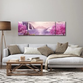 Obraz różowych drzew z jeziorem (170x50 cm)
