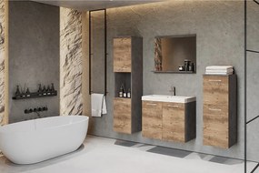 meble łazienkowe, zestaw wiszący do łazienki z umywalką, lustrem i 2 słupkami, korpus matera fronty kasztan mat