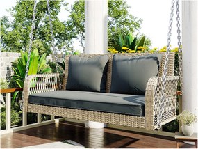 Fotel wiszący z plecionki syntetycznej - Huśtawka ogrodowa - 2 miejsca - z poduszkami - Beżowy i Szary