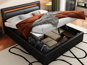 Łóżko z pojemnikiem 140x190cm - z LED - z ekoskóry - z stelażem lamelowym - Czarny