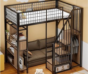 Łóżko mezzanine 90x200 cm - Łóżko metalowe - z przechowywaniem - ze schodami - z barierkami bezpieczeństwa - Czarny (materac nie jest w zestawie)