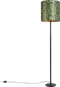 Lampa stojąca czarna z abażurem z weluru w kolorze pawia złoto 40 cm - Simplo