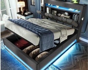 Tapicerowane łóżko z pojemnikiem 90x200 cm - z LED - z portami USB i Type-C - Tkanina lniana - Wezgłowie z przestrzenią do przechowywania - Szary