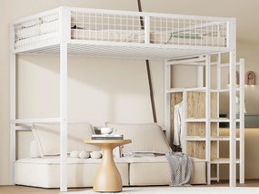 Łóżko mezzanine dla dzieci 140x200 cm z metalową konstrukcją - z drabiną do przechowywania i szafą - Białe