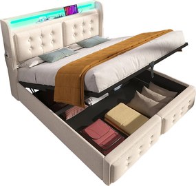 Łóżko ze schowkiem 180 x 200 cm z zagłówkiem LED, gniazdem USB typu C - Tkanina bawełniana - Beżowe (bez materaca)