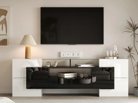 Meble TV 2m z drewna z 2 szufladami i 2 otwartymi półkami - Biały i Czarny