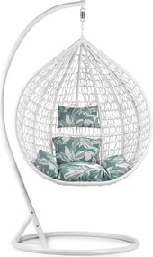 Białe wiszące krzesło KOKON ze stelażem, zielono-biała poduszka