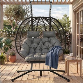 Podwójny wiszący fotel ogrodowy - 140 x 94 x 197 cm - ze stojakiem + poduszką na siedzisko + poduszką + podnóżkiem - metalowy - szary