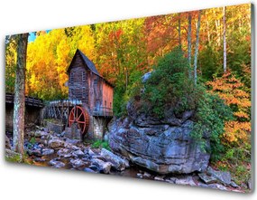 Szkło Ozdobne do Kuchni Zabytkowy Młyn w Jesiennym Lesie