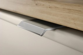 Trzydrzwiowa szafka łazienkowa Bella 140 cm z regałem i blatem, kaszmir/dąb artisan