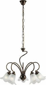 Alice żyrandol lakierowane brązowe żelazo, złote zdobienia, klosze alabastrowe, 5 lamp, Ø57 cm