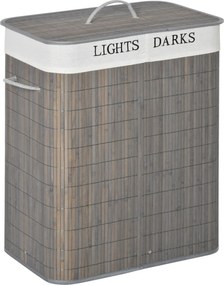 HOMCOM 100L Kosz na pranie z 3 uchwytami, z pralnym workiem na pranie, Bambus, Poliester, Bawełna, Metal, 52 x 32 x 63 cm, Szary