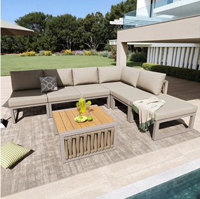 Salon ogrodowy, zestaw mebli, lin, na 5 osób - kanapa narożna - stolik kawowy i drewniany blat - z żelaza ocynkowanego, Beżowy