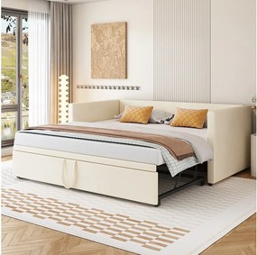 Rozkładana sofa dziecięca - 90/180 x 200 cm - z podstawą z listew - aksamitna - beżowa