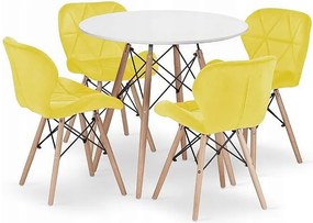 Zestaw obiadowy Valora | Okrągły stół KOVA 80 cm, biały + 4 żółte krzesła WAKO